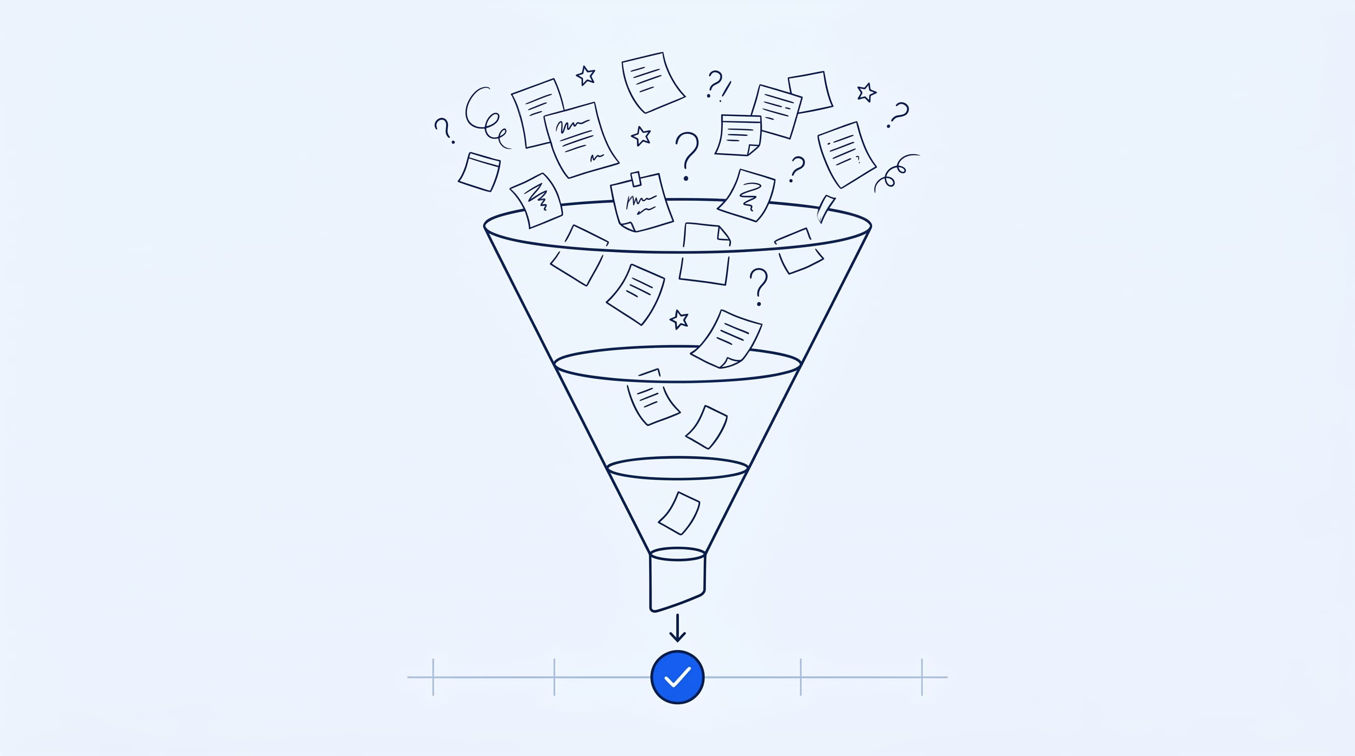 Trigvale funnel: raw ideas narrowing through evidence gates into one clean verdict